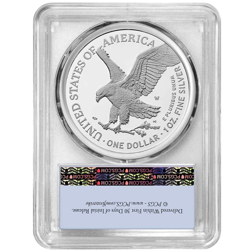2025-W Prueba $1 American Silver Eagle Rayo Láser Privado PCGS PR69DCAM FS Bandera Foto 2 de 2
