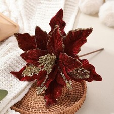 vctops 6 Pcs Christmas Poinsettia Artificial Flowers Shining Glitter Burgundy
