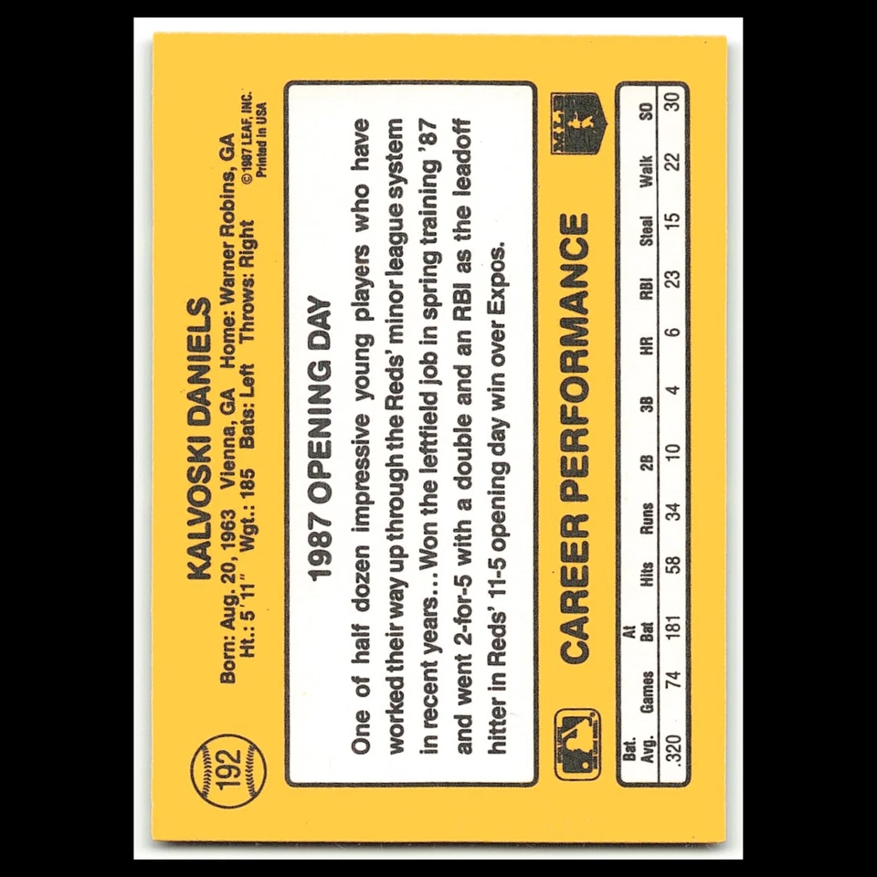 Kal Daniels #192 1987 Donruss Opening Day Cincinnati Reds Baseball Card MLB NM - Image 2 of 3