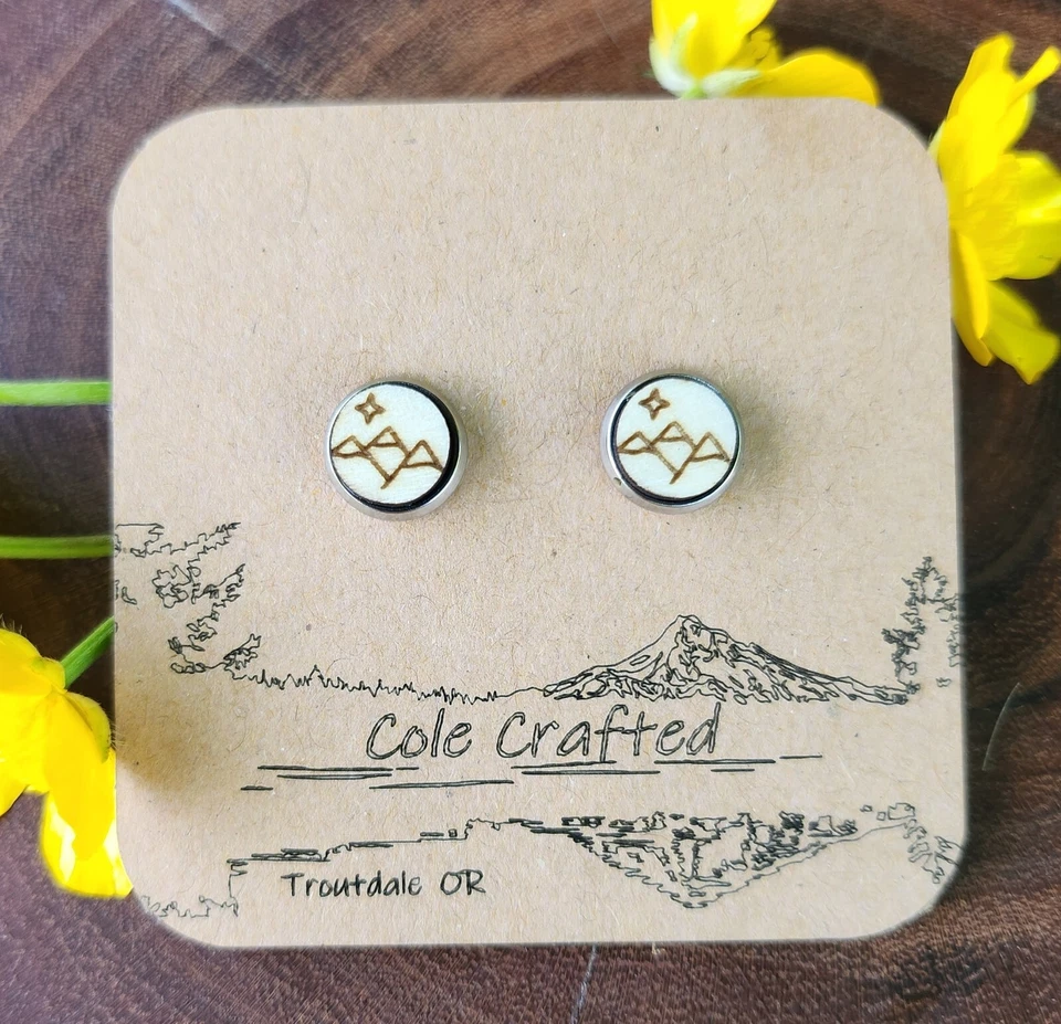 Conjunto de 3 pendientes estrella montaña madera hechos a mano bisel de 8 mm escénico monte joyería hermanas Foto 2 de 4