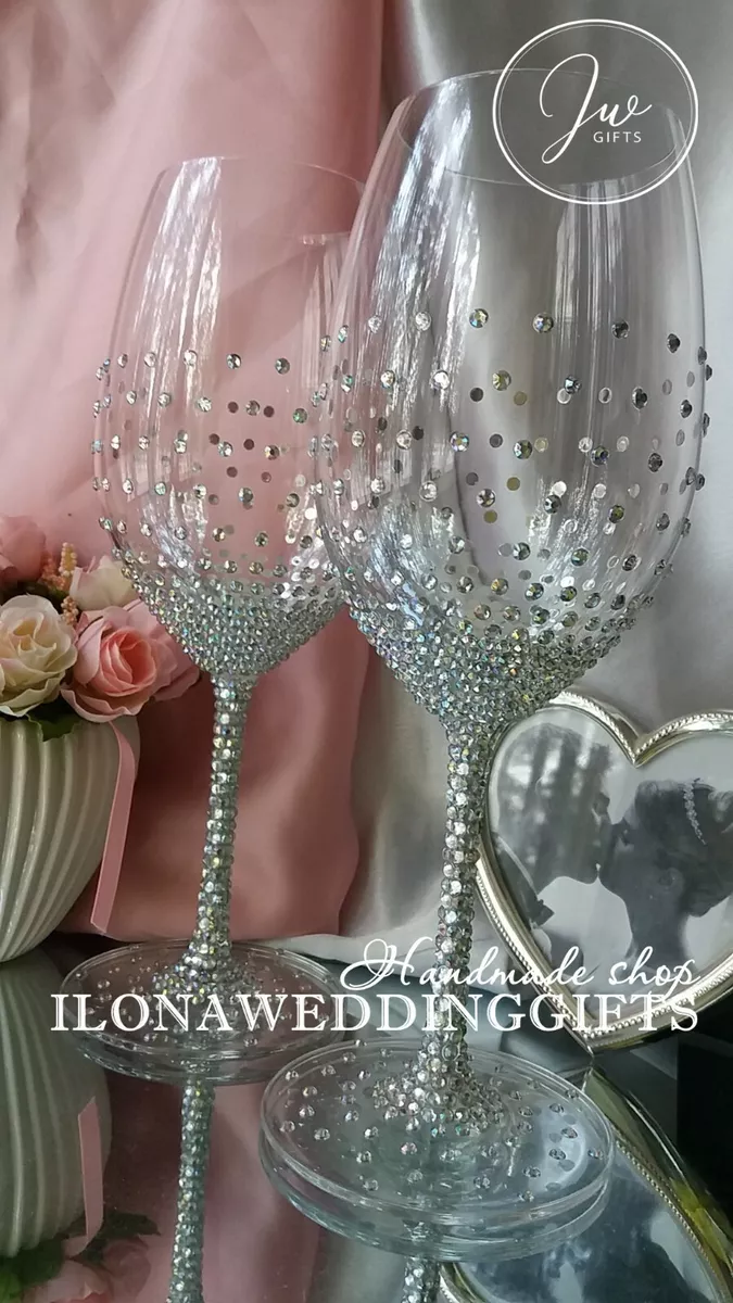 Swarovski Crystal Personalized Wedding Toast Bling Large Wine Glass Silver Gold