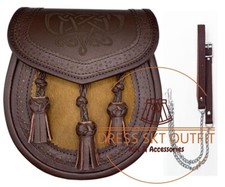 Scottish Handmade Laser Etched Brown Leather Three Tassel Kilt Sporran