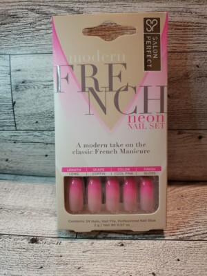 Salon Perfect Modern French Neon Nail Set Pink Hoco Prom Wedding 