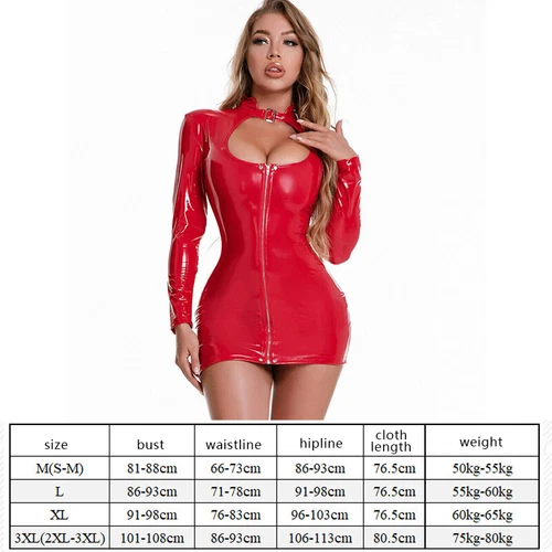 Women Ladies PU Leather Sexy Bodycon Zip Up Long Sleeve Deep V Neck Mini Dress* - Picture 5 of 20