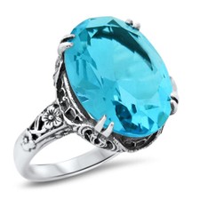 925 STERLING SILVER RING ANTIQUE STYLE FLOWER SIMULATED AQUAMARINE     1298