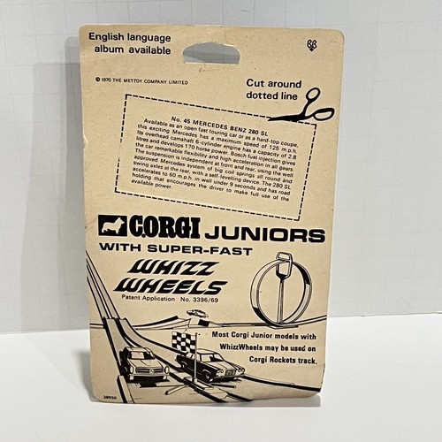 Vintage Corgi Juniors WHIZZWHEELS Mercedes Benz 280SL Yellow On Card Clean BP - Picture 4 of 4