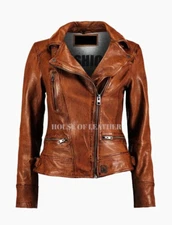 Womens Latest Cafe Racer Moto Biker Distressed Brown Vintage Real Leather Jacket