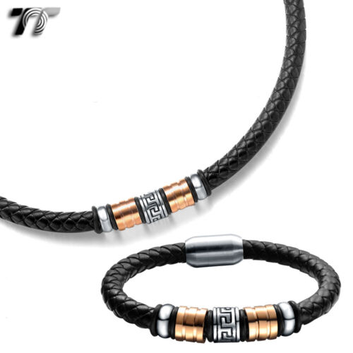 TT 8mm Leather Steel Greek Patten Magnet Buckle Collar Necklace+Bracelet Rose - Picture 1 of 3
