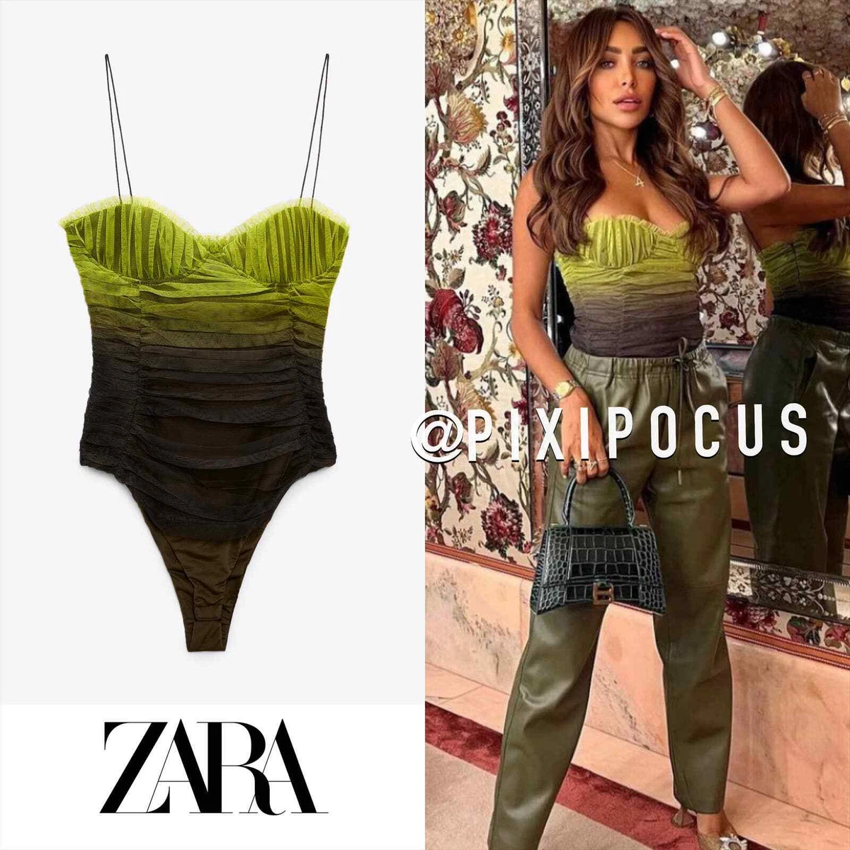 ZARA NEW TULLE CORSET BODYSUIT PLEATED MESH OMBRE NEON GREEN 4661