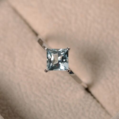 1.50Ct Princess Natural Aquamarine Solitaire Wedding Ring White Gold Over Size 7 - Picture 1 of 7