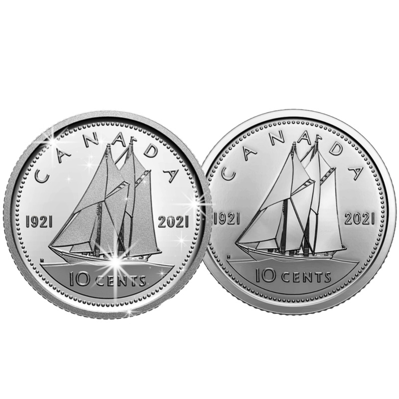 🇨🇦 Canada Double-dated 10 cents Bluenose Dime, 2 Coins: Silver + Nickel,  2021