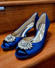 Badgley Mischka MACIE Jeweled Heel Navy Satin Open Toe Size 7  W/Bag  Orig. Box