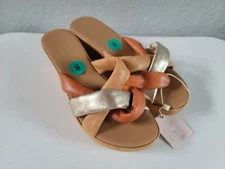 NWT Mila Paoli Italian Leather Wedge Sandals Slide Crisscross, Brown, Size 8