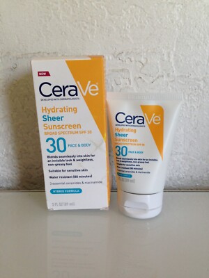CeraVe Hydrating Sheer Sunscreen SPF 30, Face & Body, 3 fl oz Exp 11/2026