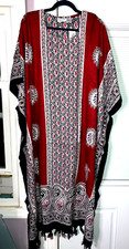 NEW 100% RAYON MUMU 2X 3X SANTE KAFTAN CAFTAN DRESS RED BLACK WHITE HAS FRINGES