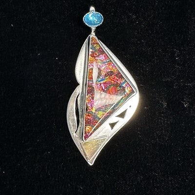 Sassi La Muth David Lee Sterling Gold Dichroic Glass  Blue Apatite Pendant 2.75 