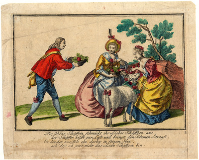 Antiker Druck - HIRTIN - SCHAF - DEKORIEREN - SCHLEIFE - BLUMEN - 1750