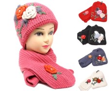 New Woman Winter Warm Flower Chunky Cable Knit Beanie Hat  Scarf Gift Set