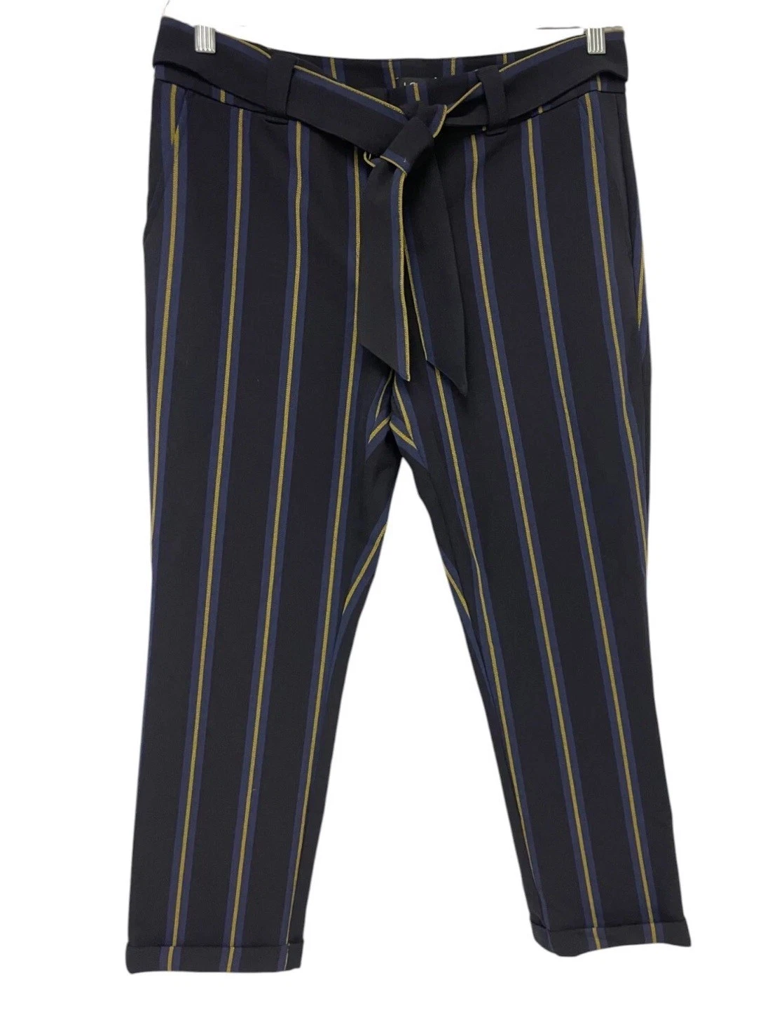 JORDAN Pantalone Loft Cropped 10P blu navy vita alta a righe con cintura e polsini in twill nuovo con etichette