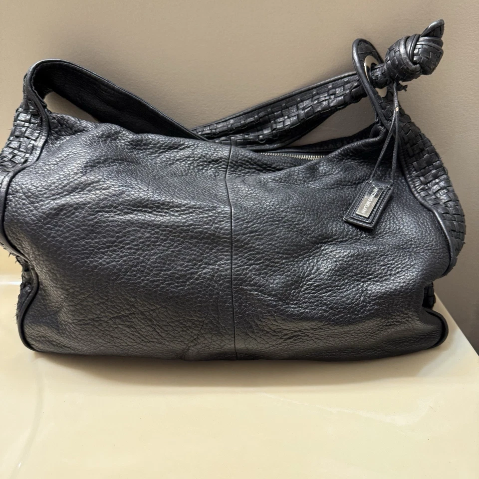 Antonio Melani Black Leather Hobo Satchel Shoulder Bag Purse Braided Strap - Image 3 of 4