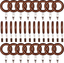30 PCS Wooden Curtain Rod Rings with Curtain Clips, 1.5 Inch Inner Diameter Wood