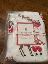 Pottery Barn Kids Heritage Santa Organic FLANNEL TWIN Sheet Set Christmas NEWtag