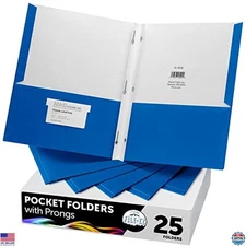 Two-Pocket Folders with 3-Prong Fasteners, Blue, 25-Pack, Durable Matte Finish