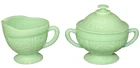 Vintage Jadeite Green Depression Glass Floral Pattern Creamer And Sugar Bowl Set