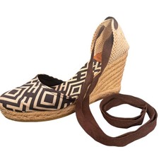 Tory Burch Wedge Espadrille Lace Up Ankle Strap Size 38 Geometric Print Canvas