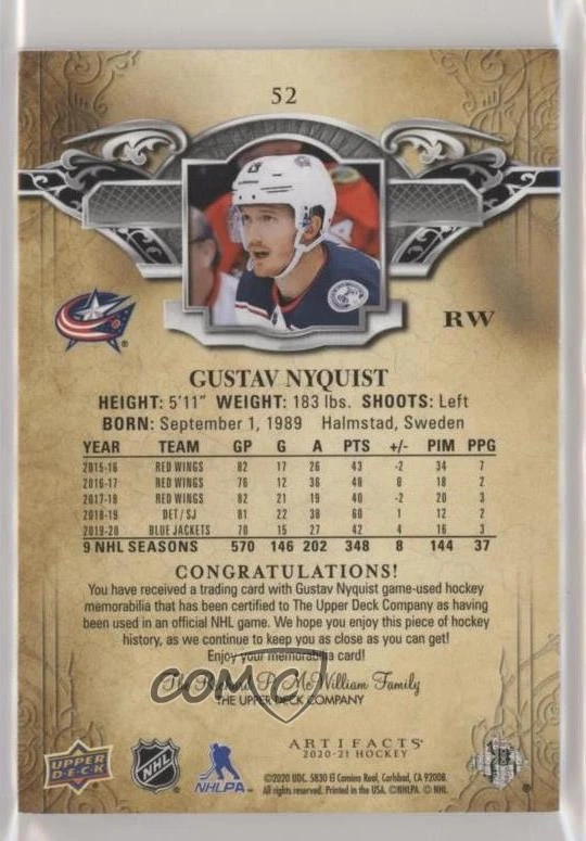 2020-21 Upper Deck Artifacts Material Emerald /65 Gustav Nyquist #52 - Image 2 of 2