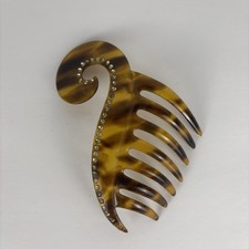 VTG Hair Comb Faux Tortoise Shell Rhinestone Feather Curve Shape Art Deco