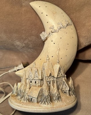 Vintage Lighted Bisque Crescent Moon Magic Night Christmas Hand Painted Decor