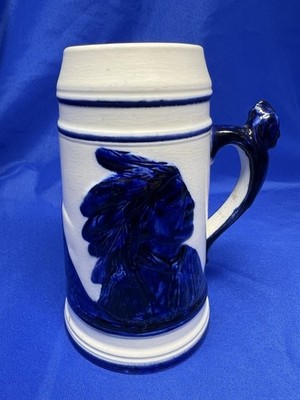 Old Sleepy Eye Stoneware Antique Stein Cobalt Blue White Native American 1900s