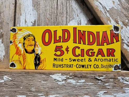 VINTAGE OLD INDIAN CIGAR SIGN OLD PORCELAIN SIGN TOBACCO PIPE CIGARETTE SMOKE