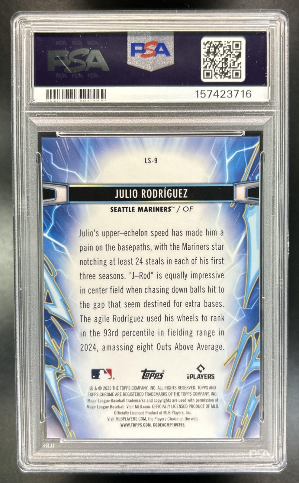 2025 Topps Cosmic Chrome Julio Rodriguez Light Speed Black Refractor #/10 PSA 10 view 2