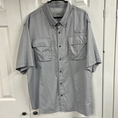 Cabela's Fishing Camp Shirt 2XL Gray/ White Plaid, Button Up Short Sleeve