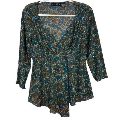 LINK Y2K Babydoll Blouse Emerald Green Shiny Goblincore Boho Womens Size Large 