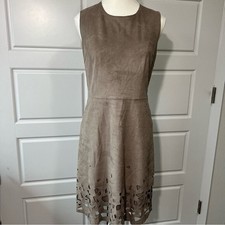 Elie Tahari Taupe Faux Suede Laser Cut Sleeveless Sheath Dress Size 4