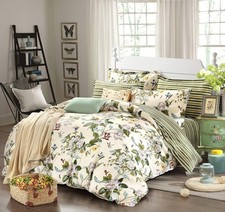 Floral Duvet Cover Set 100 Cotton Green Striped  Beige Bedding White Flower