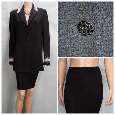 St. John Evening Black Jacket Skirt L Sz 12 14 2pc Suit Buttons White Stud Trim