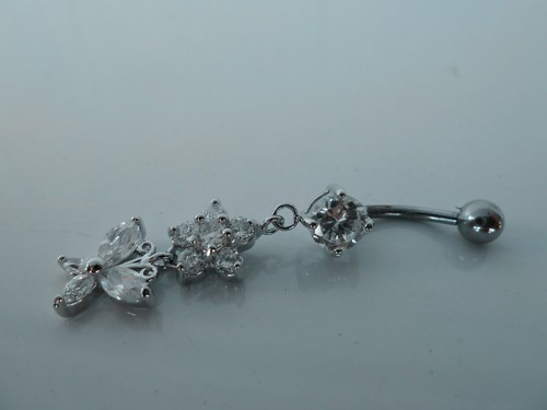 Anillo de vientre colgante/barra de calidad, joyería corporal quirúrgica/CZ (CLARO) 316 L BR7 - Imagen 4 de 8