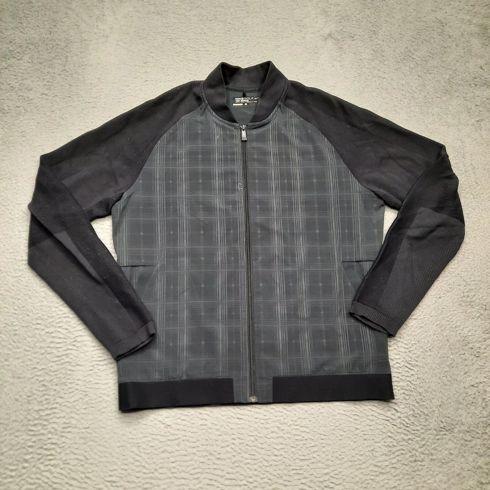Nike Golf Jacket Mens Large Black Plaid Full Zip Coat Tour Performance