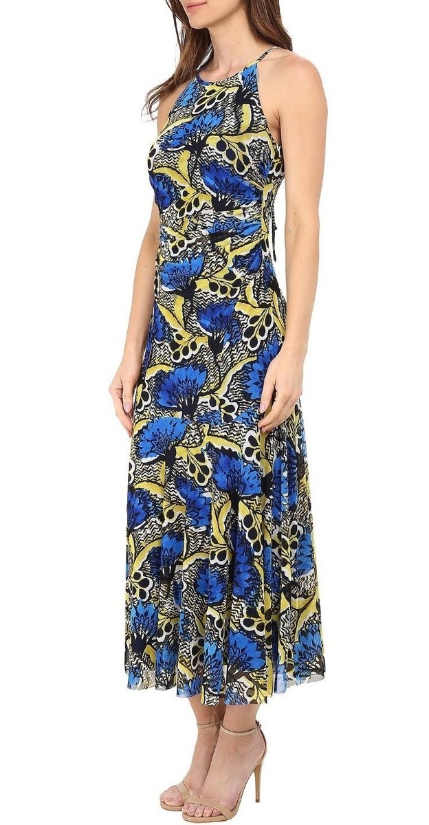 Nine West Blue Bright Surf/Sunflower Abstract Halter Stretch Maxi Dress -  $98