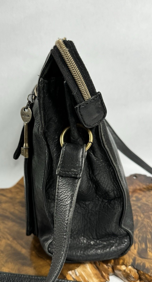 Vintage Fossil 1954 Crossbody Shoulder Bag Purse Pebbled Black