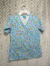 HQ Scrub Top Size XS Blue Floral Pull Over V Neck Short Sleeve Pockets Career