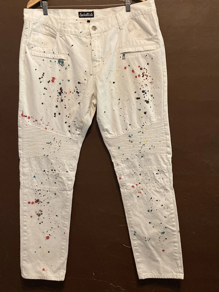 Embellish Men s Moto Biker Denim Jeans 40 x34 White Colorful Paint Splatter j257