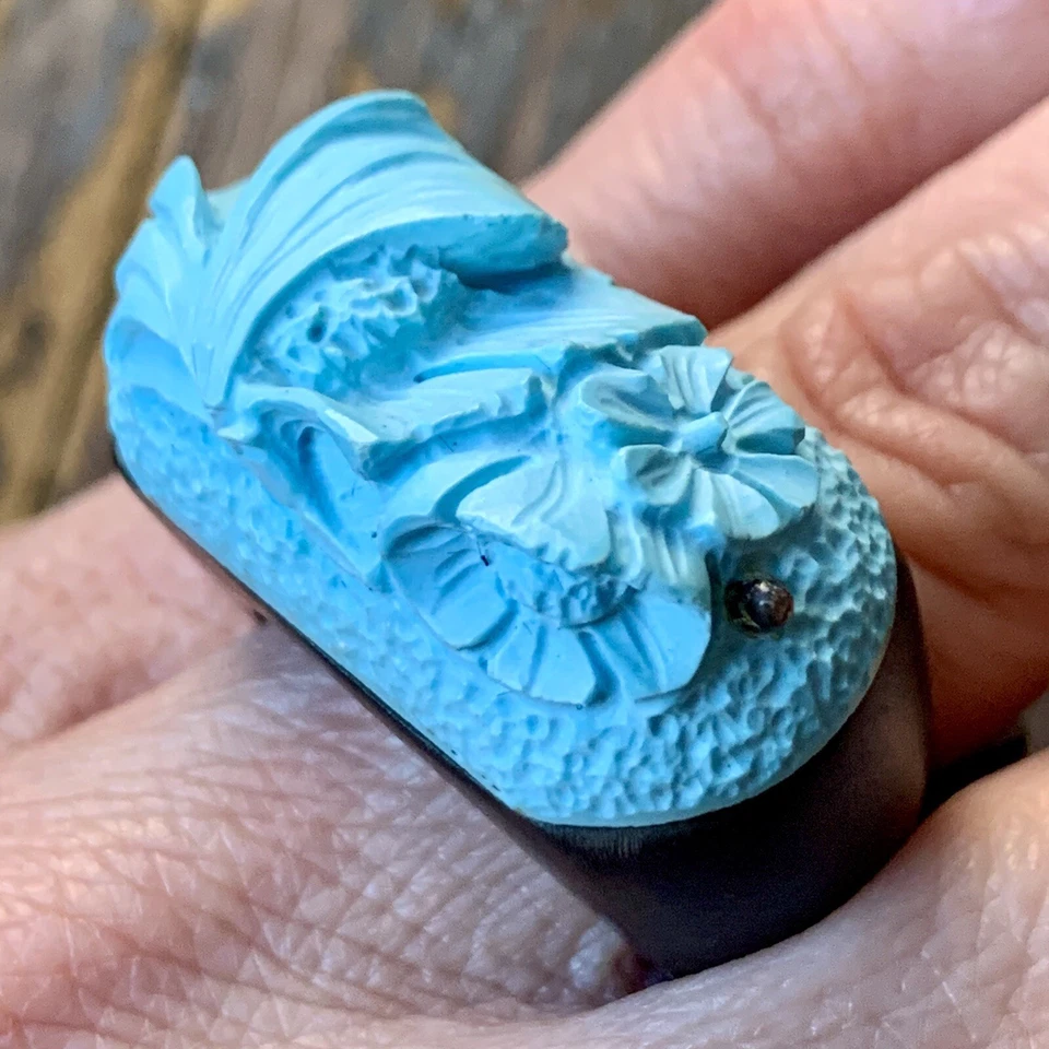 Anillo de madera HSN 33 MM simulado azul turquesa floral plata 9,5 Foto 2 de 4