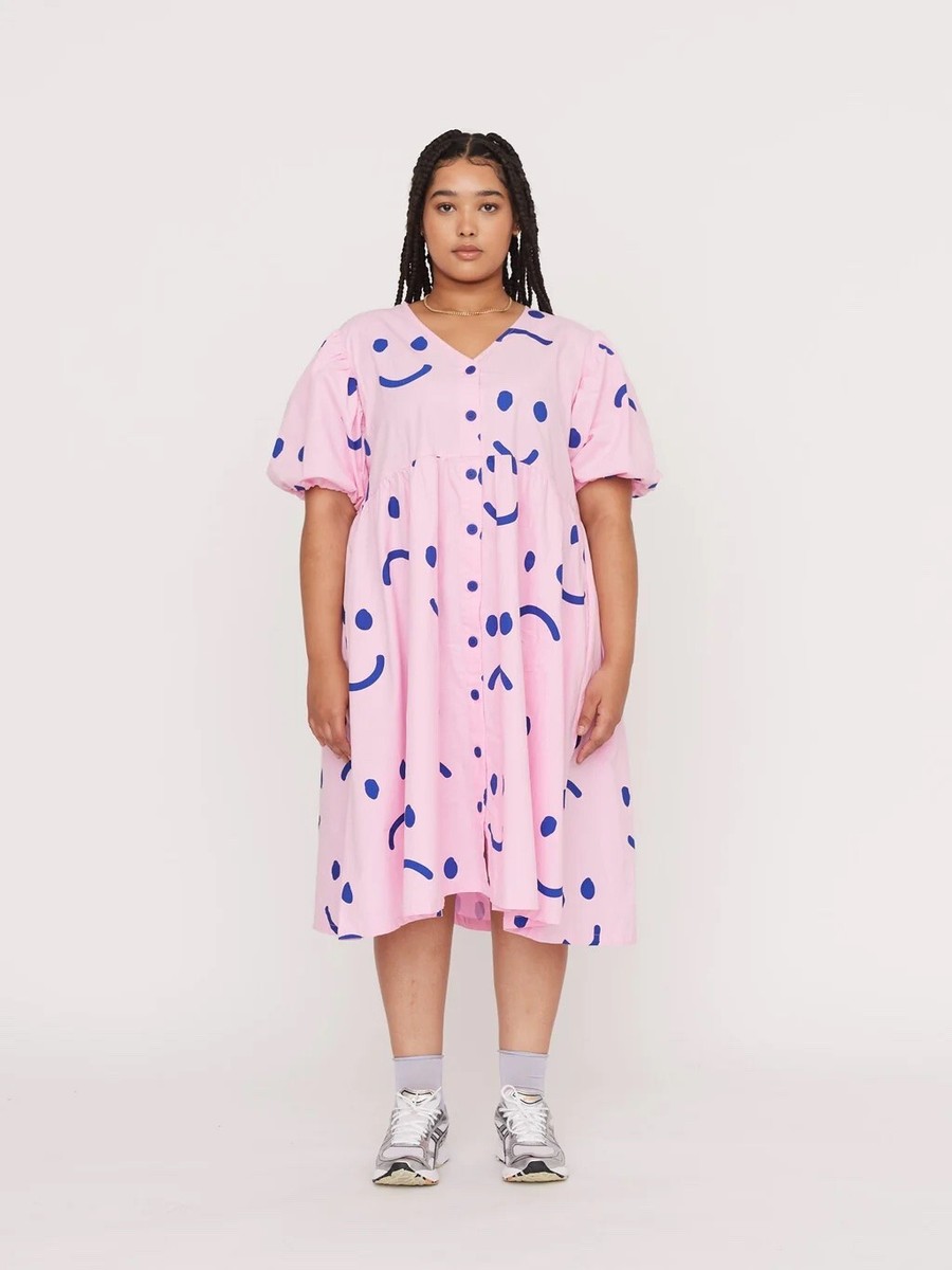 lazy oaf pink dress Lazy Oaf Happy Sad Pink & Navy Puff Sleeve Midi Dress Size UK14/US 10