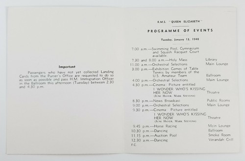 Programa de eventos RMS Queen Elizabeth Cunard White Star Line 1947 - Imagen 6 de 7