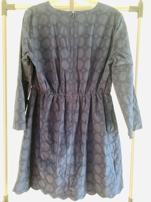 J. CREW Eyelet Dress V Neck Long Sleeve Scalloped Hem w/ Lining Navy Blue Sz 12